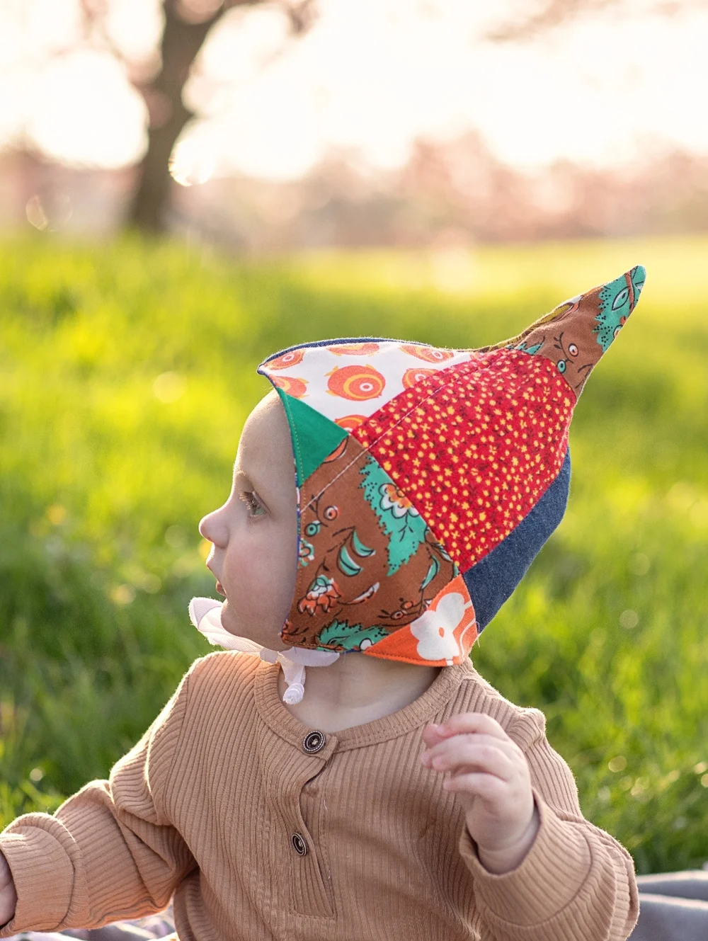 Upcycled Patchwork Baby Woodland Pixie Hat Bonnet Fully Lined 0-6 mo